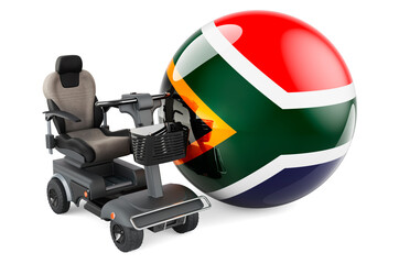 South African flag with indoor powerchair or electric wheelchair, 3D rendering