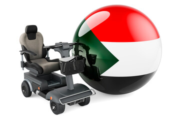 Sudanese flag with indoor powerchair or electric wheelchair, 3D rendering