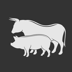 Bull and Pig silhouette isolated on white background. Vector illustration