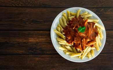 family recipe of penne pasta, top view