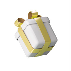 Realistic 3d white gift box with golden glossy ribbon bow isolated on a white background. 3d render isometric modern holiday surprise box. Realistic icon for present, birthday or wedding banners