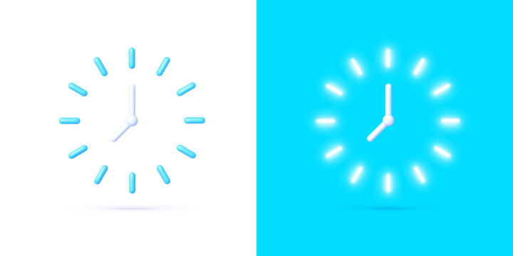 Clock Neon 3d vector icon. Circle clock icon. Digital illustration. Time clock. Vector illustration