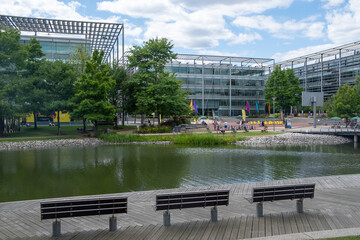 London- Chiswick Park in West London. A modern office development with landscaped communal space