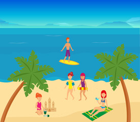 Obraz na płótnie Canvas beach rest, rest on the beach, the sea, happy people, palm trees, surfer