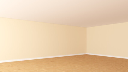 Naklejka premium Empty Interior Corner with LIght Beige Walls, White Ceiling, Light Parquet Flooring and a White Plinth. Unfurnished Empty Room Concept. Perspective View. 3D rendering, Ultra HD 8K, 7680x4320, 300 dpi