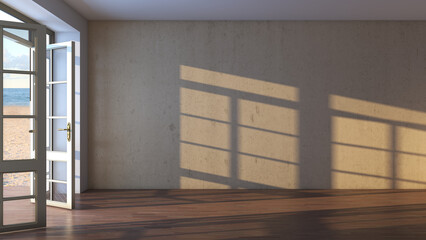 Empty Hotel Room with Open Doors Overlooking the Beach, Yellow Sand and Clouds. Sea View Interior with Dark Parquet and Sun Rays Falling on the Beige Stucco wall . 3D Rendering, Ultra HD 8K, 7680x4320