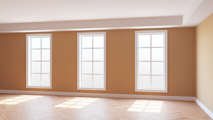 Sunny Interior Concept with Beige Walls, Three Large Windows, Light Glossy Herringbone Parquet Floor and a white Plinth. Beautiful Unfurnished Empty Room. 3D Rendering, Ultra HD 8K, 7680x4320, 300 dpi