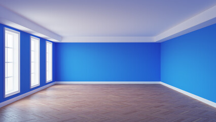 Obraz premium Beautiful Empty Room with Blue Walls, White Ceiling and Cornice, Three Large Windows, Glossy Herringbone Parquet Flooring and a White Plinth. Interior Concept. 3d rendering. 8K Ultra HD, 7680x4320