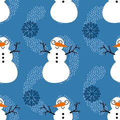 Winter seamless snowman and snowflakes pattern for Christmas wrapping paper and kids notebooks