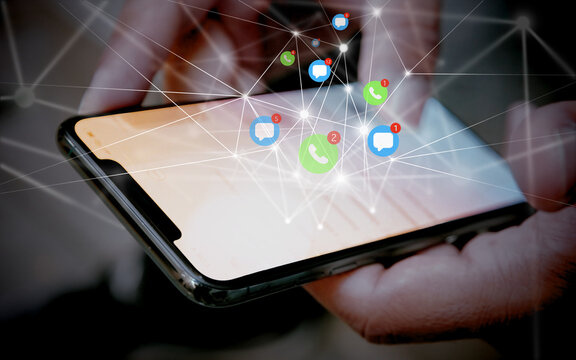 connection and communication notifications on a smartphone, illustrated with grid with different notifications as a hologram above the smartphone, phone, mail, chat
