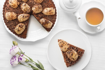 Bright chocolate cake, food photography.