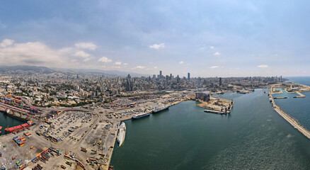 Fototapeta premium Beirut Port Explosion Blast Site Drone Shot - August 2022