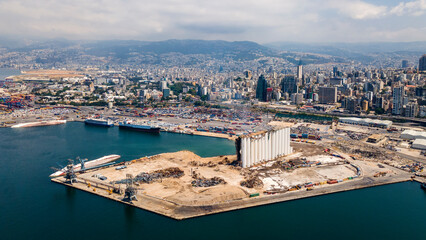 Beirut Port Explosion Blast Site Drone Shot - August 2022 - obrazy, fototapety, plakaty