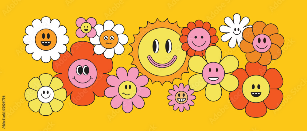 Poster vector illustration in simple naive and hippie groovy style - flowers and plants with smiling faces,