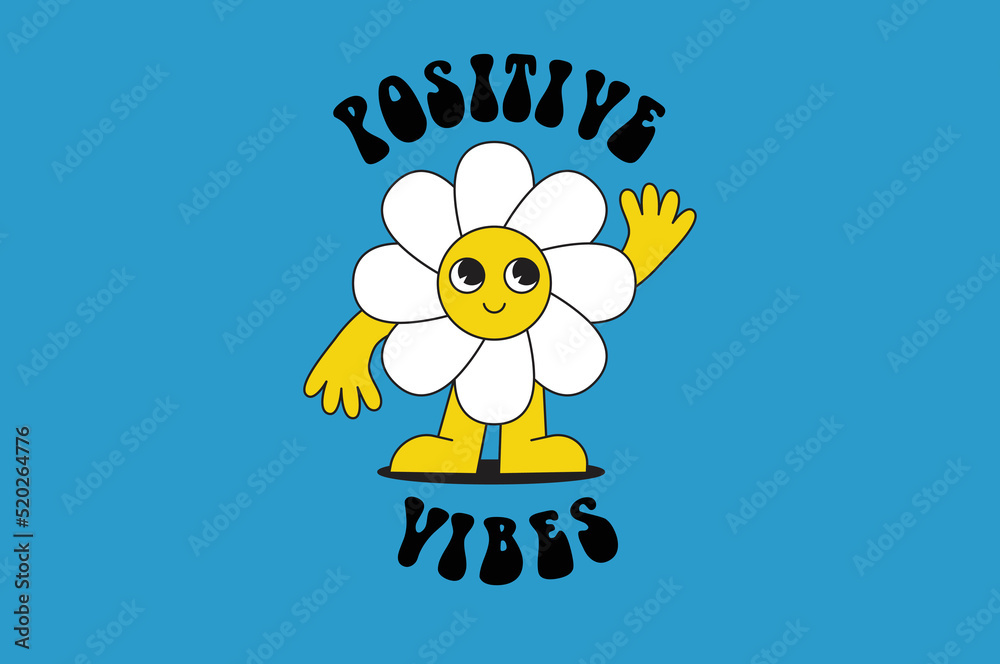 Poster Vector illustration in simple naive and hippie groovy style - flowers with hands and legs with smiling face, positive vibes print