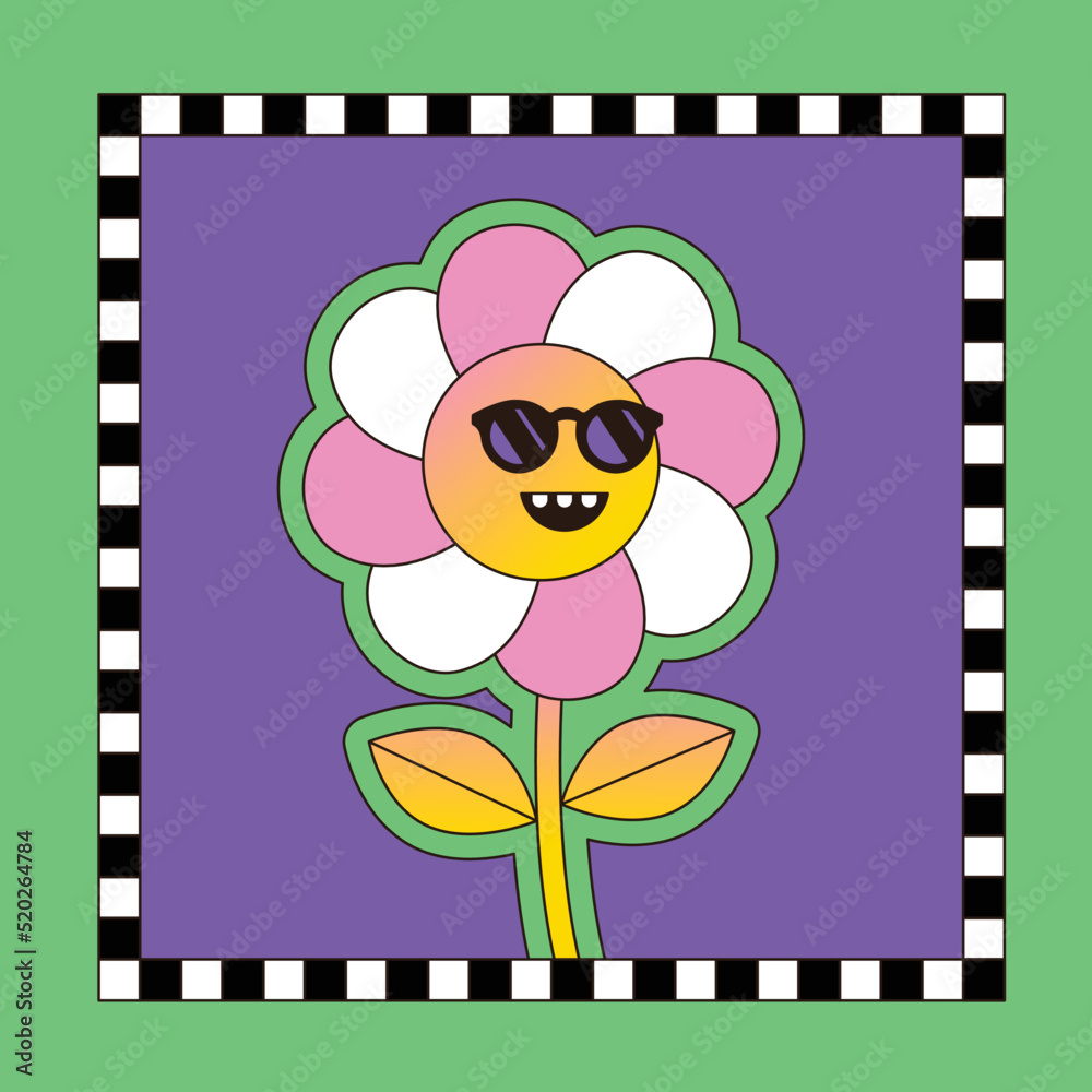 Poster Vector illustration in simple naive and hippie groovy style - flower with sunglasses and smiling face, positive vibes print