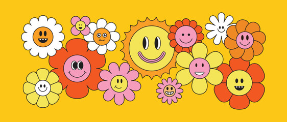 Vector illustration in simple naive and hippie groovy style - flowers and plants with smiling faces, stickers, posters