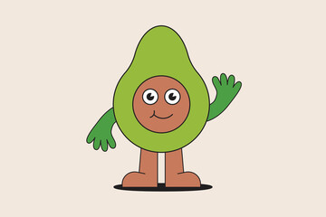 Vector illustration in simple naive and hippie groovy style - happy avocado with smiling face, sticker, poster, design template