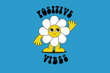 Vector illustration in simple naive and hippie groovy style - flowers with hands and legs with smiling face, positive vibes print