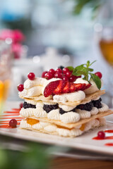 Fruit cake with cream, food photography.