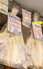 An assortment of bacalhau - traditional dried and salted cod in Porto city