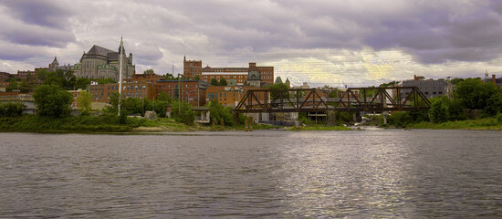 Sherbrooke city downtown river landscape Estrie Quebec Canada panoramic cityscape sunset