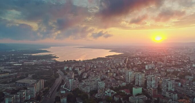 Skyline view 4K video over the sea capital of Bulgaria, Varna city. The Cathedral of the Assumption, downtown and lake.