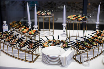 Rows of appetizers and starters on the wedding table