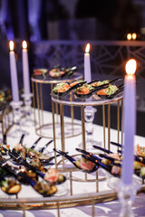 Fototapeta na wymiar Rows of appetizers and starters on the wedding table