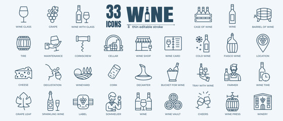 Wine icon set with editable stroke and white background. Thin line style stock vector of Grape, Glass, Barrel, Cheese, Vineyard icon. Design signs for restaurant menu.