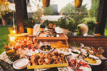 Row of appetizers and starters on the wedding table