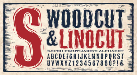 A rough edged alphabet that carries the effect of two traditional printmaking techniques: woodcut printing or linoleum cut printing. - obrazy, fototapety, plakaty