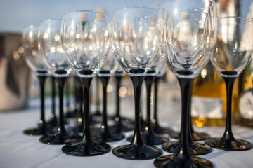 Row of champagne glasses at a wedding party