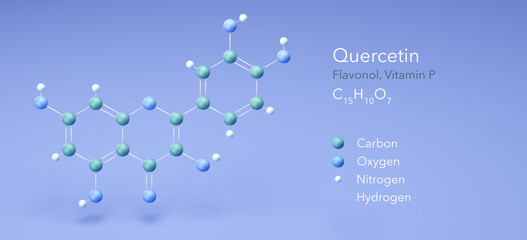 quercetin, flavonol, vitamin p. Molecular structure 3d rendering, Structural Chemical Formula and Atoms with Color Coding