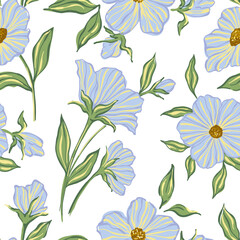 Seamless pattern painting flowers and leaves background vector. Wallpaper design with hand draw retro flowers, bouquets, leaves. Vintage botanical floral pattern, fabric, retro texture