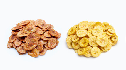Banana slice chips on white background.