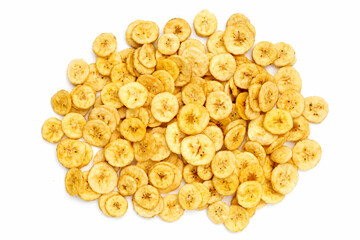 Banana slice chips on white background.