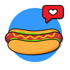 Cartoon hot dog and message with heart. Good idea, love message. Vector illustration.