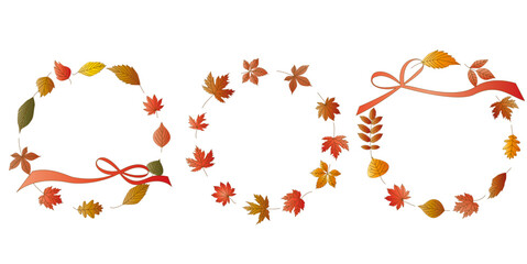 Set of Autumn botanical Wreath. Autumn leaves decoration illustration. Autumn seasonal decoration frame collection. Autumn event, thanksgiving and autumn festival design elements. Vector illustration.