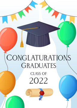 Graduation party invitation 2022 funny card. Sky with balloons.