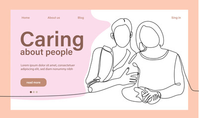 Charity and help from community of tiny volunteers. People giving care. Voluntary, sponsorship, altruism concept for banner, website design or landing web page. Vector illustration