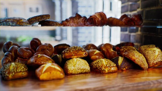 Fresh bread on shelves in bakery