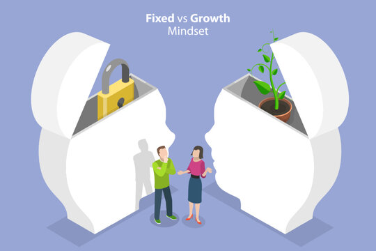 3D Isometric Flat Vector Conceptual Illustration Of Fixed Vs Growth Mindset, Self-improvement And Personal Development