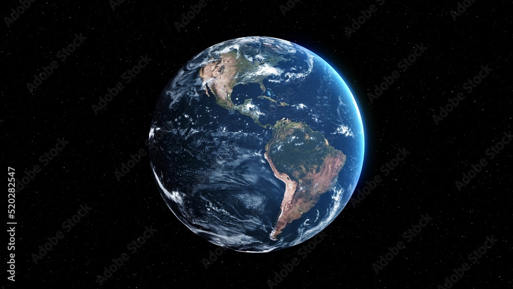 Wall mural planet earth with realistic geography surface and orbital 3d cloud atmosphere . outer space view of 