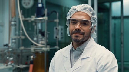 Portrait of a man scientist in uniform working in curative laboratory for chemical and biomedical...