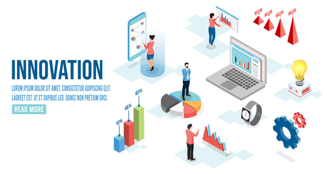 3D isometric innovative solutions concept with creativity and inspiration, idea and imagination for business, research, analysis, Development and science technology.  Vector illustration eps10
