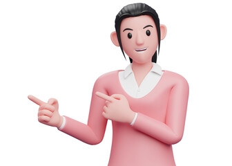 sweet girl in pink sweater pointing to the side with both fingers, 3d illustration of a business woman in pink sweater pointing