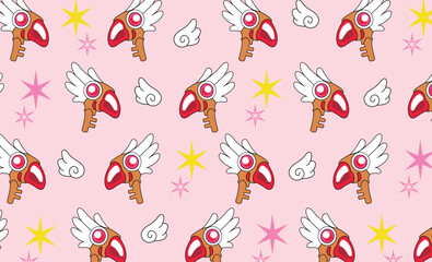 Anime design cetro varita Sakura card captor colors form seamless pattern set. vector design for paper, cover, fabric, interior decoration and other users.