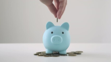 Hand putting coins into piggy bank. Saving money for future plan and retirement fund, business or finance and investment money. Pension, Vacations, Currency, Savings, finance accounting concept