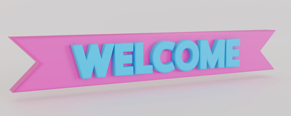Obraz premium Welcome 3d text and ribbon. Creative pink ribbon on white background with clipping path. Welcome banner 3D rendering